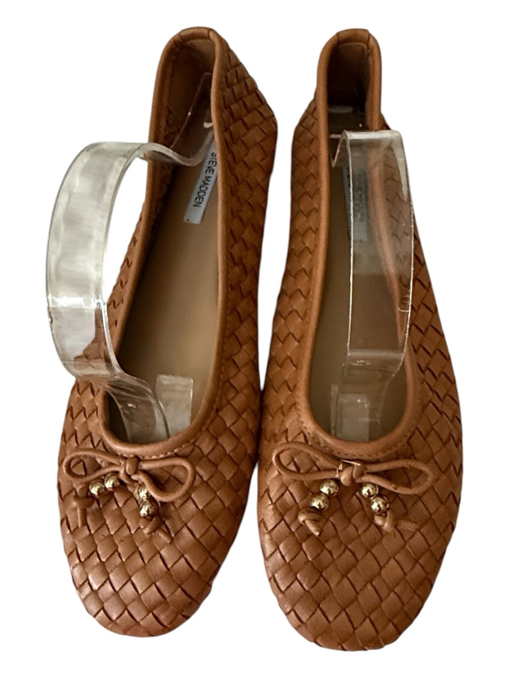 Steve Madden Divy Cognac Woven Ballet Flats with Bow & Gold Beads, size 10